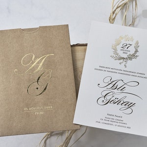 Invito cartaceo, busta Kraft, oro dorato, elegante invito a nozze, invito bianco, invito modello ghirlanda