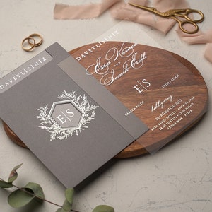 Tarjeta de boda con letras plateadas, tarjetas de boda elegantes, invitación de boda acrílica gris, invitación acrílica transparente, invitación de lámina plateada