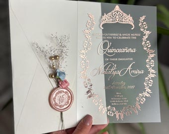 Custom Acrylic Quinceanera Invitation: Rose Gold Elegant Invite, Beige Envelope