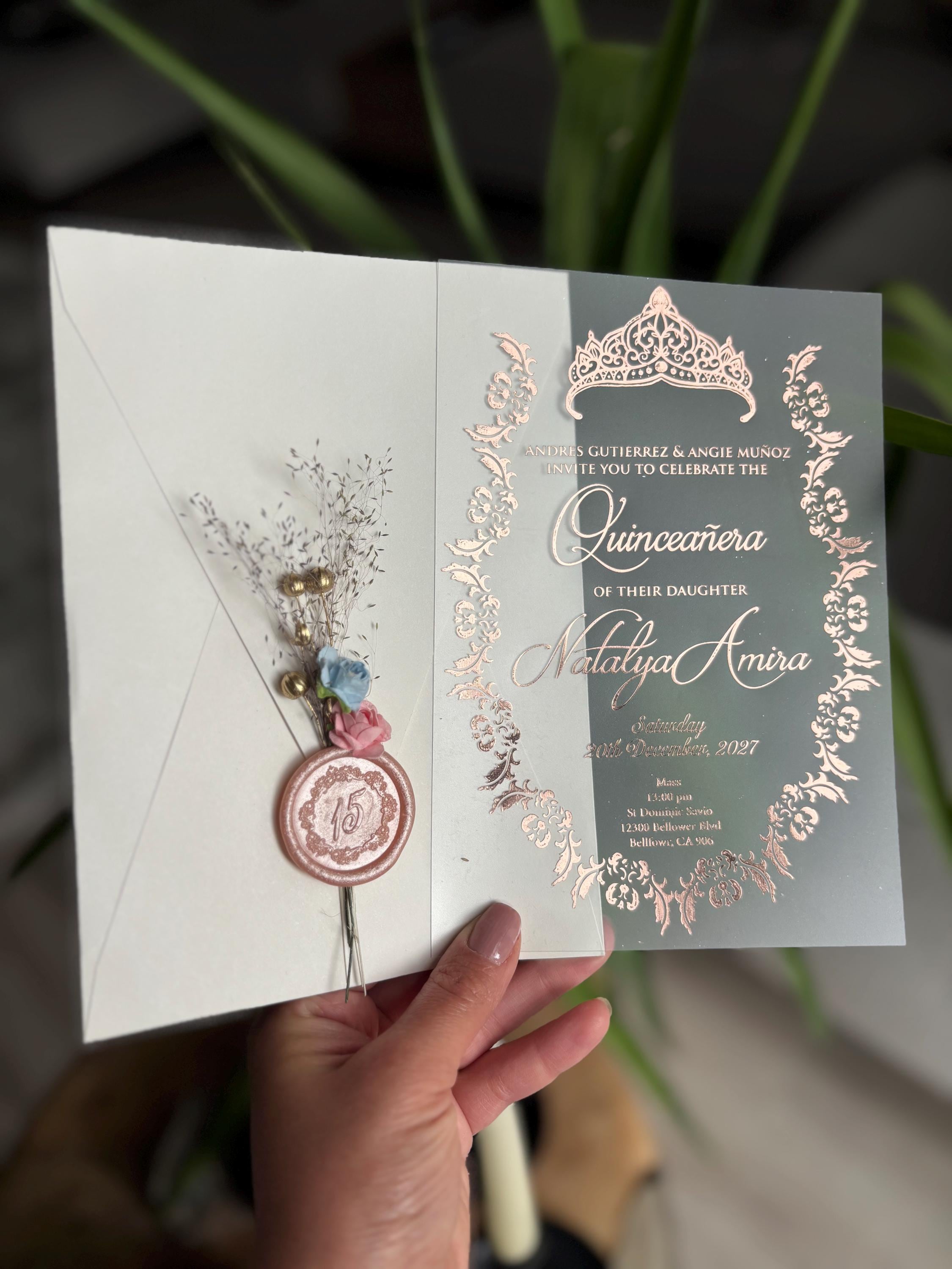 Custom Acrylic Quinceanera Invitation: Rose Gold Elegant Invite