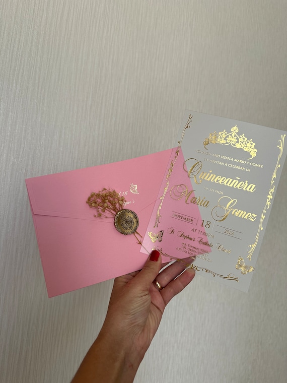 Custom Acrylic Quinceañera Invitation : Pink Envelope, Sweet Sixteen
