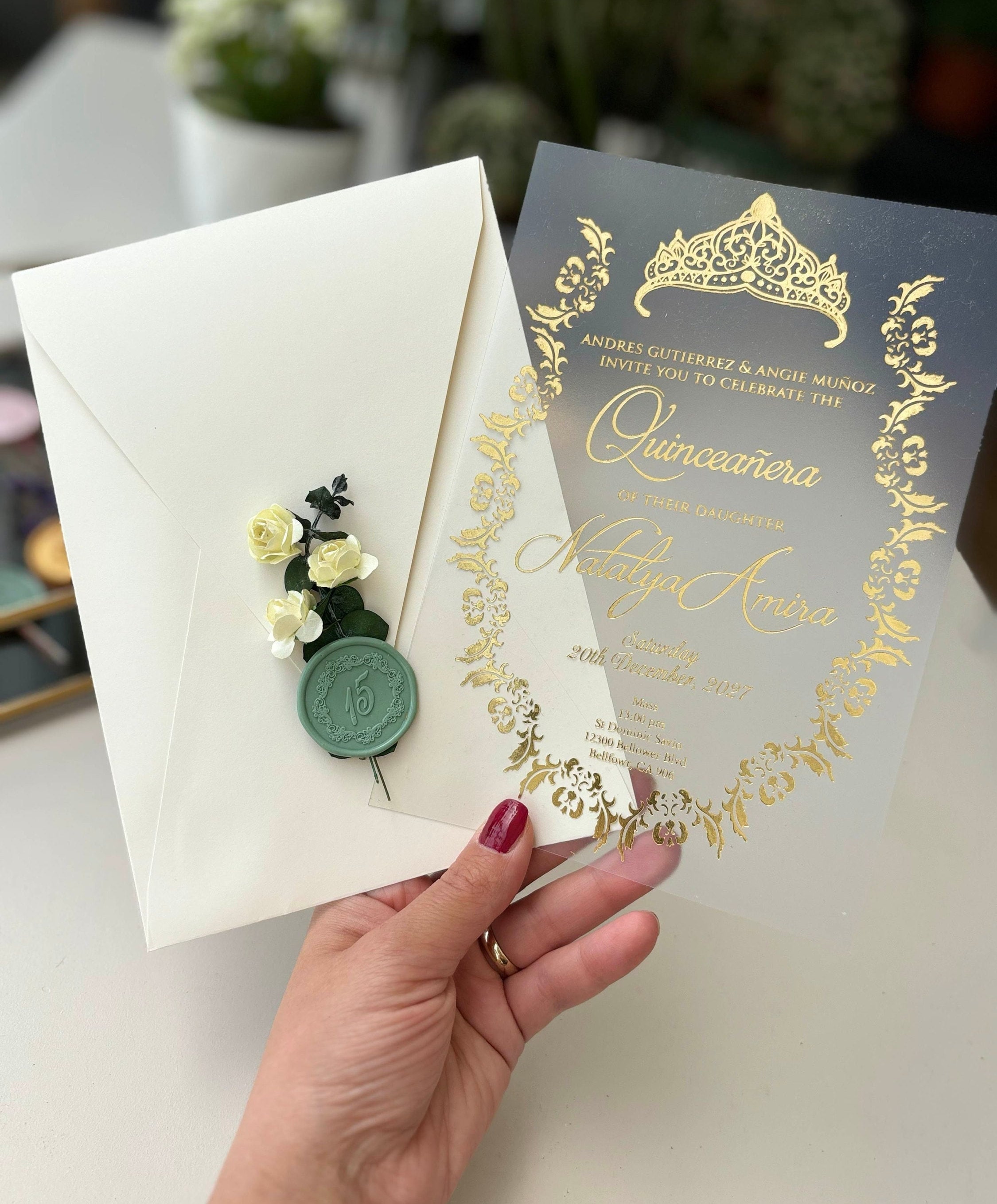 Quinceañera Invitation, Crown Pattern, Custom Acrylic Invitation, Sweet sixteen, Beige Envelope, Sale, Sage Green Wax Seal