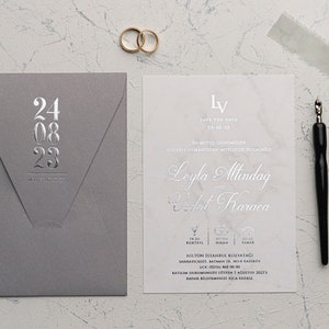 Inviti di nozze, Inviti di nozze eleganti, Invito semplice, Carta desıgn minimalista, Lamina d'argento, Invito busta grigia