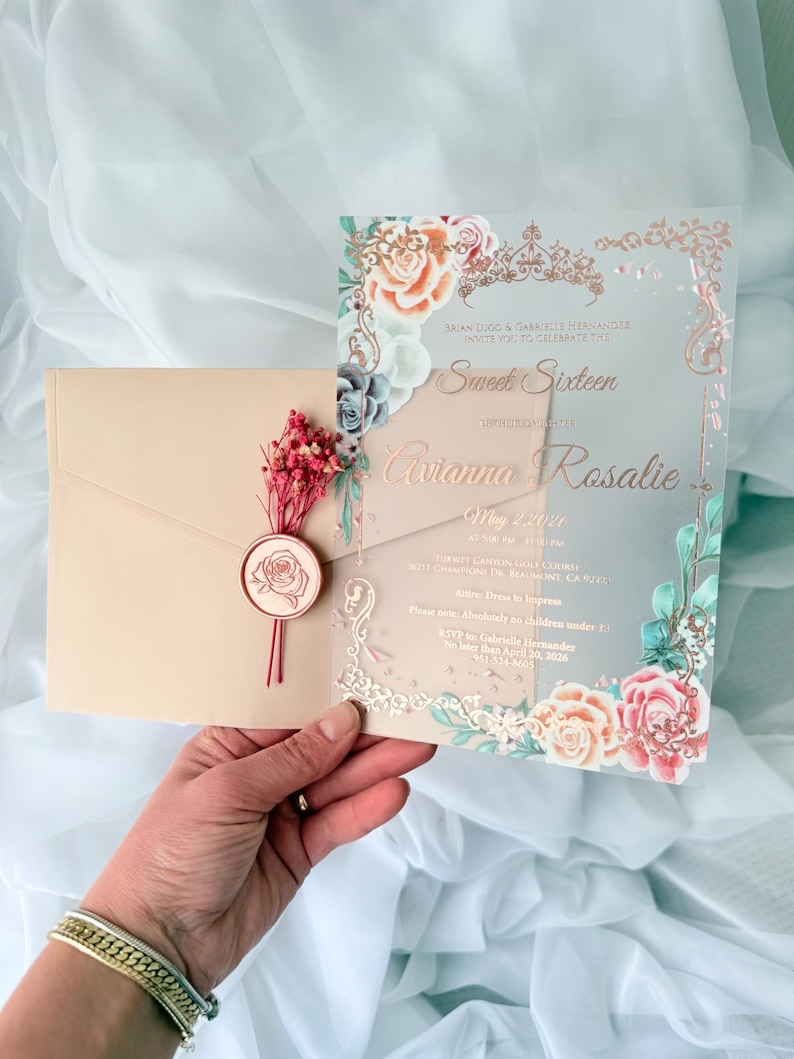 Custom Designed Acrylic Quinceaera Invitation: Blush Pink Flower, Rose ...