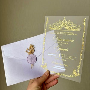 Lilac Quinceañera Invite, Gold Gilded Invitation, Acrylic, Crown Pattern invitation, Lilac envelope, Mis Años, Spanish invitation