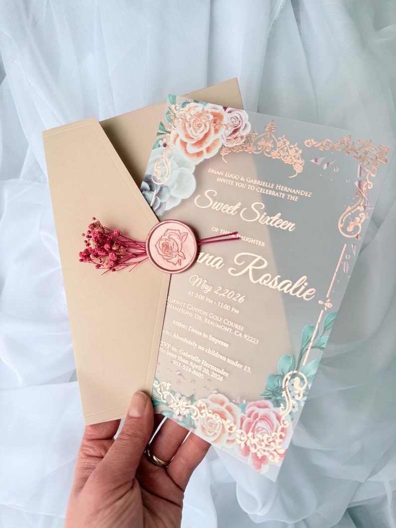 Custom Designed Acrylic Quinceaera Invitation: Blush Pink Flower, Rose ...