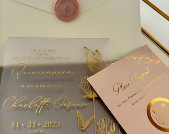 Elegant Acrylic Quinceanera Invitation: Rose Gold Butterfly Design, RSVP