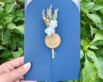 Personalized Acrylic Wedding Invitation: Navy Blue with Wax Seal