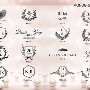 May include: A sheet of paper with a variety of black and white monogram designs. The designs include initials, dates, and floral elements. The text "MONOGRAMS" is at the top of the page.