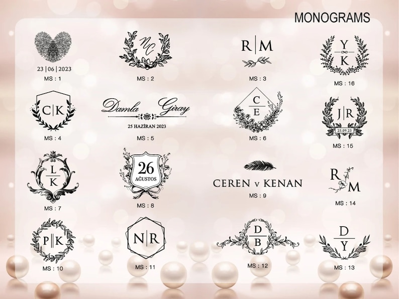 May include: A sheet of paper with a variety of black and white monogram designs. The designs include initials, dates, and floral elements. The text "MONOGRAMS" is at the top of the page.