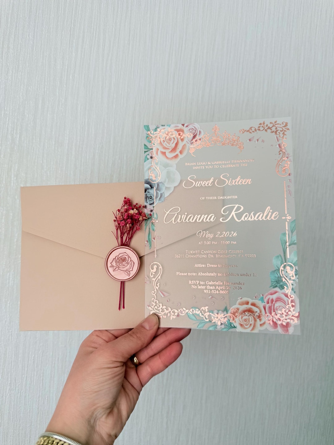 Custom Designed Acrylic Quinceaera Invitation: Blush Pink Flower, Rose ...