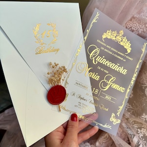 Invitación elegante a Quinceañera, Mis Anos, Quinceañera acrílica, Invitación a patrón de corona, Invitación a Quinceañera coronada, Dulce 16