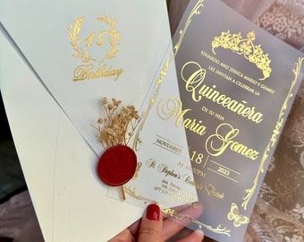 May include: A gold and white quinceañera invitation with a butterfly design. The invitation reads "Quinceañera Maria Gomez" and includes the date "November 18, 2023".