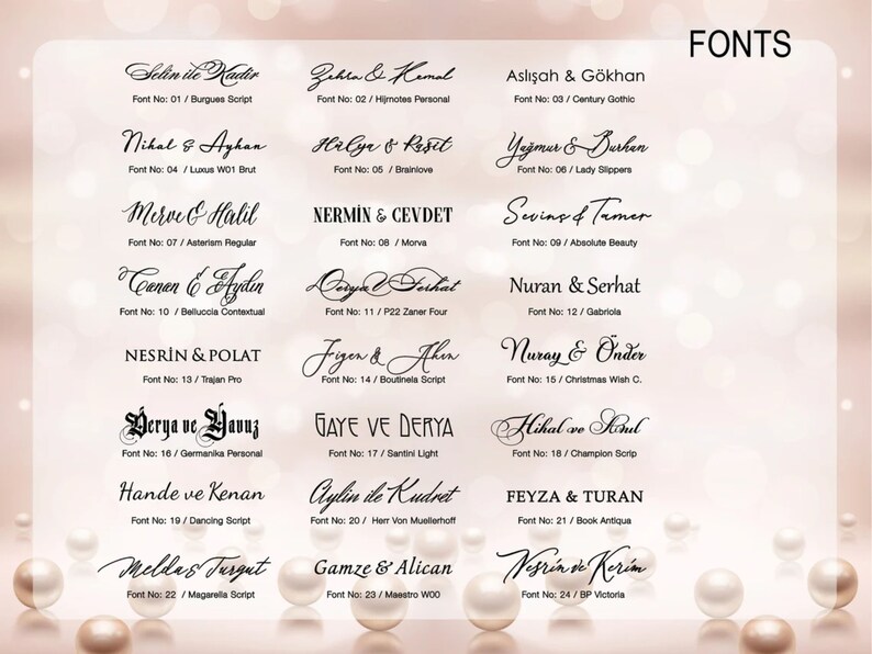 May include: A chart with a list of fonts and names written in each font. The chart is on a pink background with white pearls scattered around the edges.