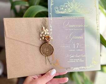 Frozen Acrylic Quinceañera Invitation: Kraft Envelope, Crown Pattern