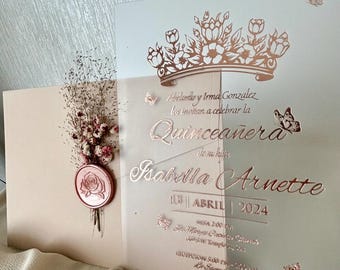 Personalized Acrylic Quinceañera Invitation – Rose Gold Foil, Blush Envelope