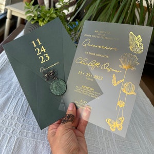 Quinceanera Invitation, Elegant Quinceañera Invite, Gold Gilded Invitation, Acrylic Quinceanera, Butterfly Design,Emerald green envelope