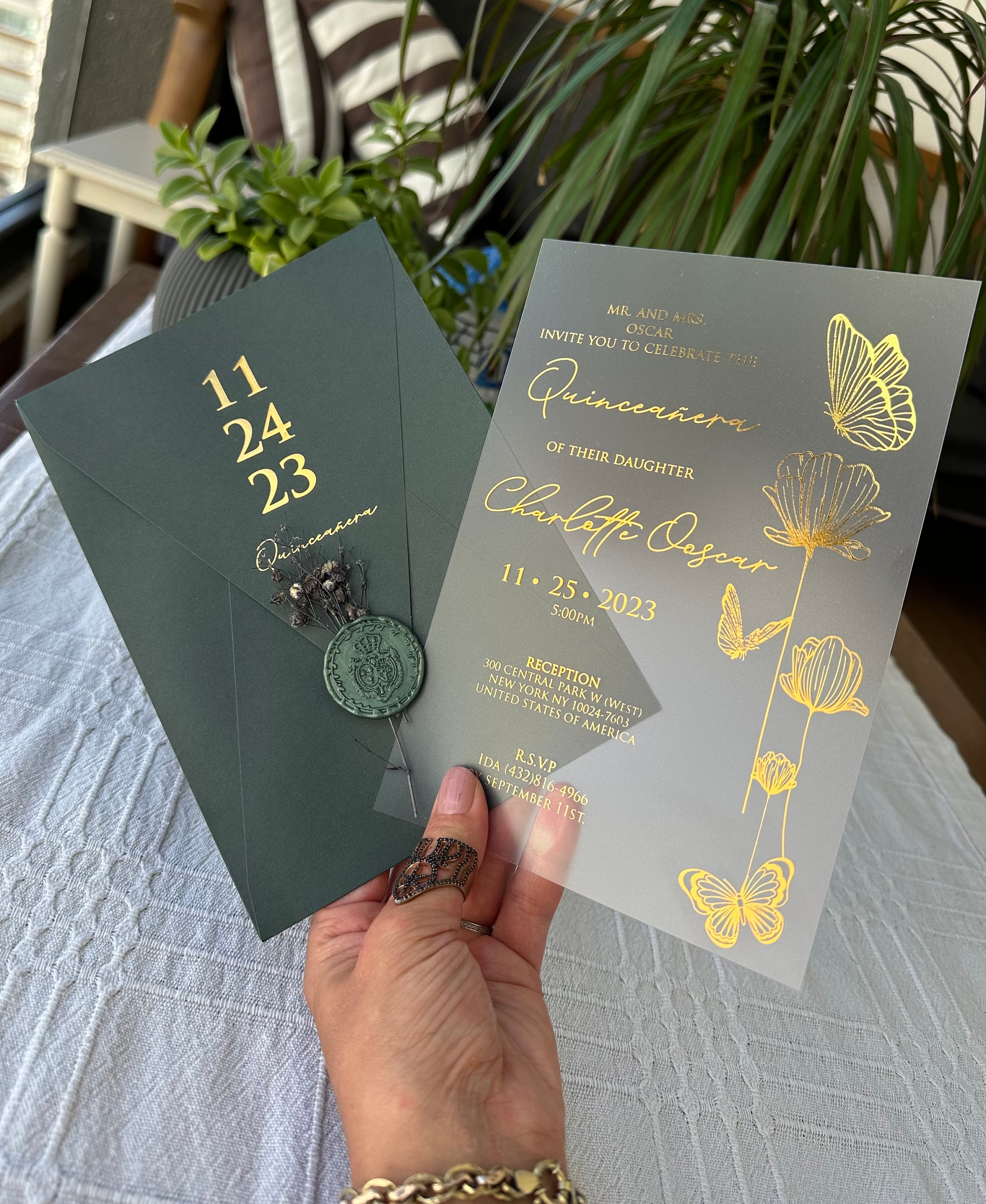 Quinceanera Invitation, Elegant Quinceañera Invite, Gold Gilded Invitation, Acrylic Quinceanera, Butterfly Design,Emerald green envelope