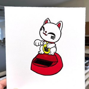 lucky cat solar motion toy linoleum print - 8x9"