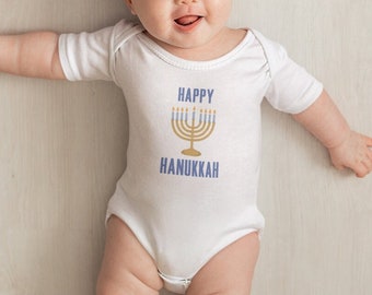 Happy Hanukkah Baby Bodysuit in White or Grey