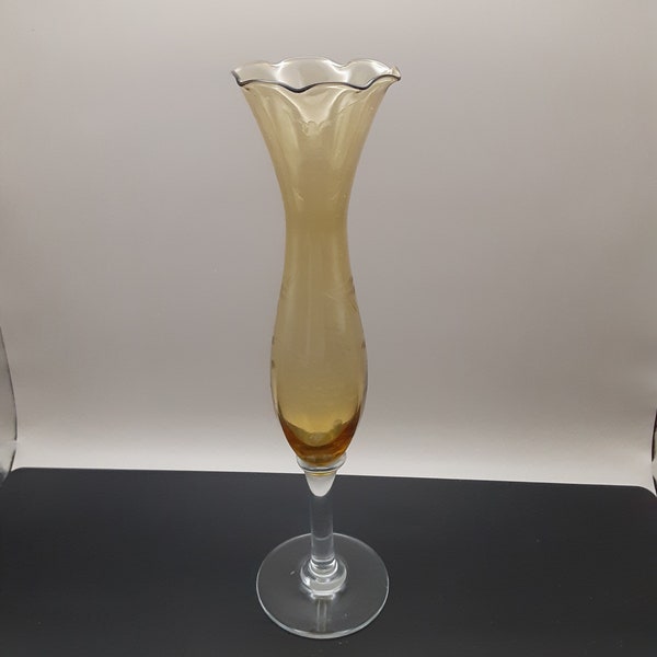 Vintage Amber Fluted Stemmed Glass Bud Vase Grapes and Vine Pattern