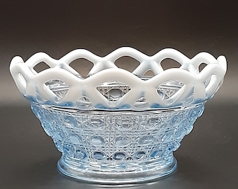 Imperial Glass Blue Opalescent Reticulated Lace Hobnail Bowl