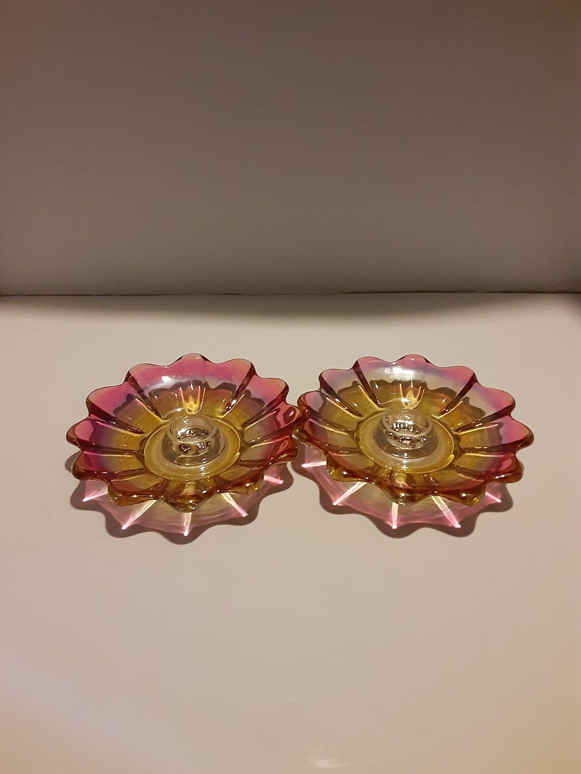 Vintage Federal Glass Taper Candle Holder Pink/amber Flower Etsy