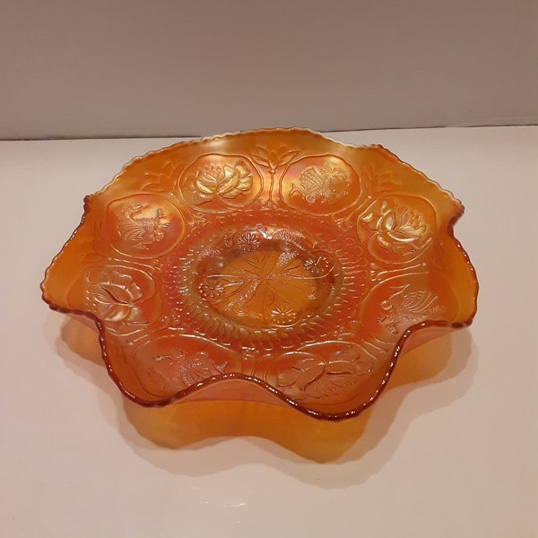 Vintage Fenton Carnival Glass Marigold Dragon and Lotus Ruffled Bowl