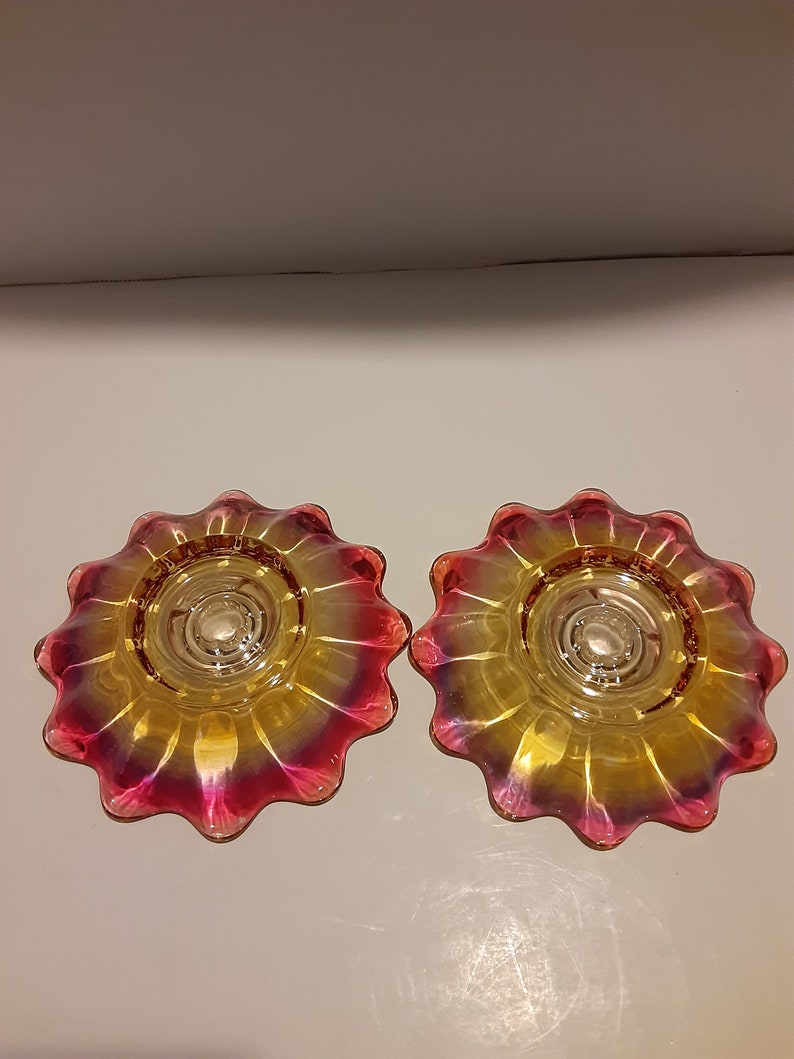 Vintage Federal Glass Taper Candle Holder Pink/amber Flower Etsy