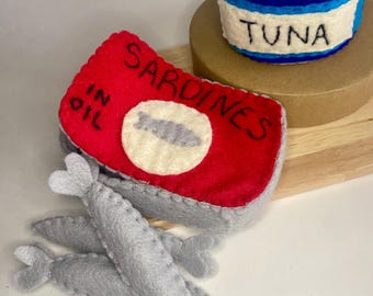 Felt Tuna, Felt Sardines, Felt Food, Play Food, Pretend Play, Felt Canned Food, Canned Food, Pantry, Play Kitchen, Felt Fish