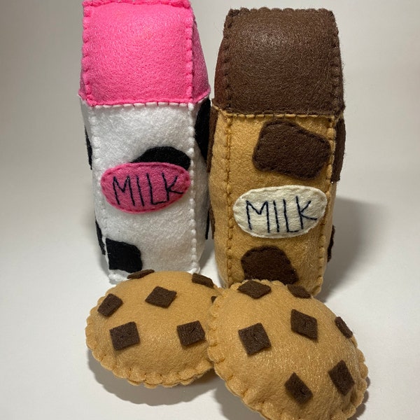 Felt Milk, Felt Cookies, Cookies and Milk, Chocolate Chip Cookies, Chocolate Milk, White Milk, Felt Food, Play Kitchen, Play Food