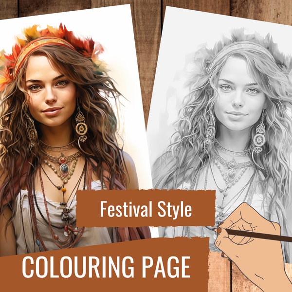 Bohemian Festival Style Woman Coloring Page, Adults & kids- Instant Download - Coloring Page - Gift, JPEG, Spiritual Page SoulfulSacredArt