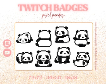 cute panda twitch badges / subscriber badges / bits badges / pixel panda twitch emote set
