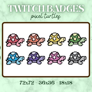 cute turtle twitch badges / subscriber badges / bits badges / pixel turtle rainbow twitch
