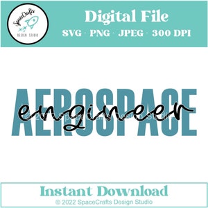 Op de afbeelding: Digitale bestandsdownload van een tealblauwe afbeelding met de tekst "AEROSPACE engineer" in zwarte cursieve tekst. De tekst is in een vetgedrukt, blokachtig lettertype. De afbeelding is tegen een witte achtergrond geplaatst.
