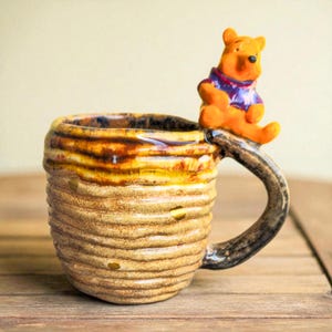 Handmade Ceramic Teddy Bear Mug with Beehive Design | Rustic Pottery Cup with Gold Accents | Cute Animal Tea Mug | Nature Lover & Kids Gift