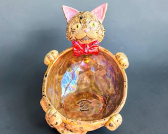 Katzennapf | Handgeformte Keramikschale mit 24K Gold Luster und irisierender Glasur