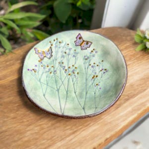 Handmade Botanical Ceramic Plate – Butterfly and Wildflower Pottery with Gold Accent – Food Safe Decorative Art – Nature Inspired Gift