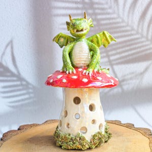 Cute Green Dragon and Red Mushroom Incense Burner | Whimsical Ceramic Fantasy Figurine | Unique Home Office Decor and Gift for Dragon Lovers