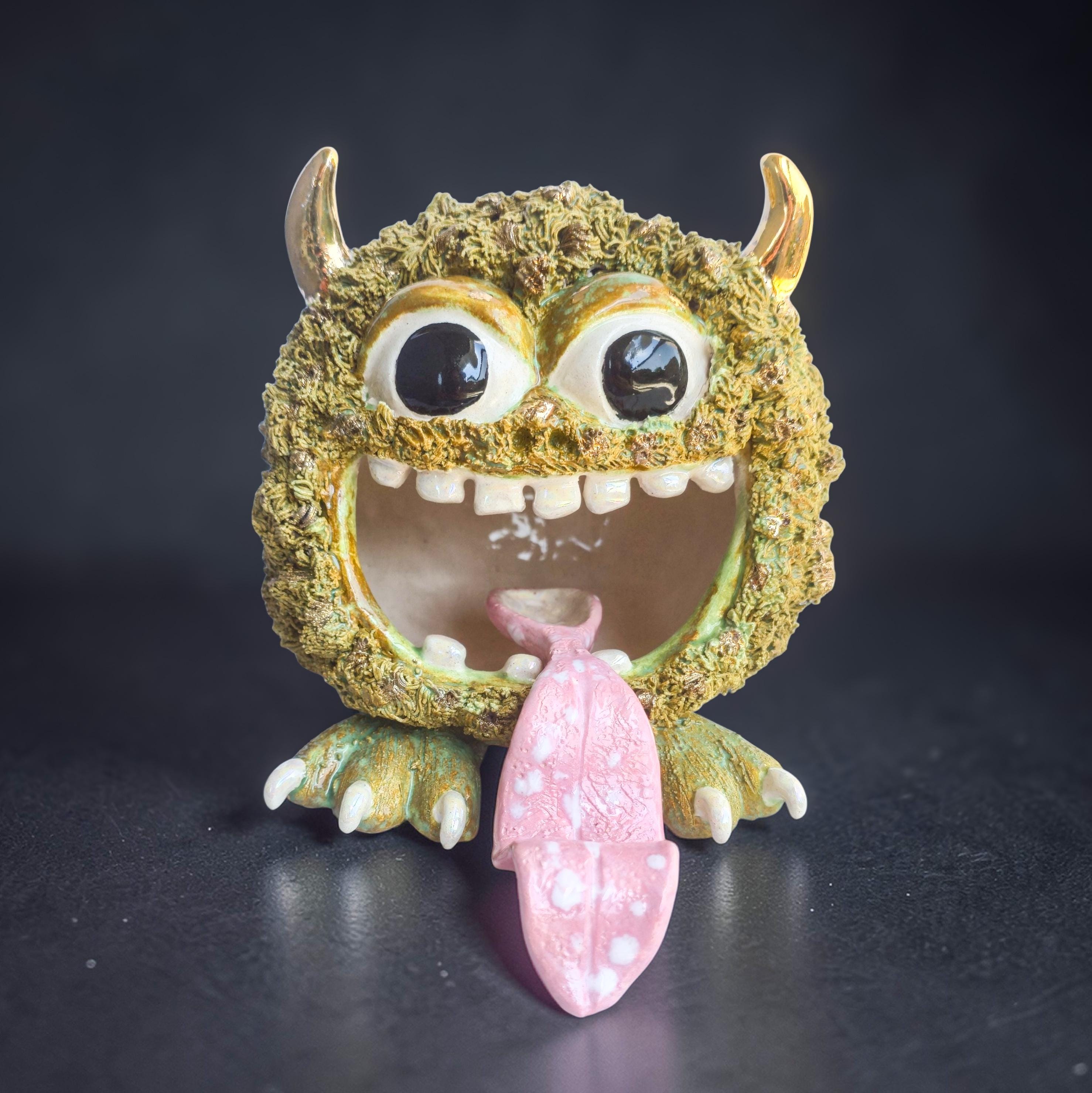 Hand-sculpted Monster Sculpture | 24K Gold Luster Ceramic Art