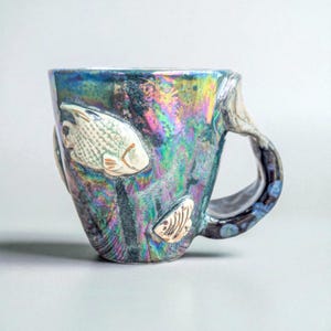 Handmade Gold Gilded Sea Themed Mug – Ocean Inspired Ceramic Cup with Fish Tail Handle – Unique Mermaid Gift