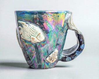 Handmade Gold Gilded Ceramic Mug – Sea Themed Fish Tail Cup