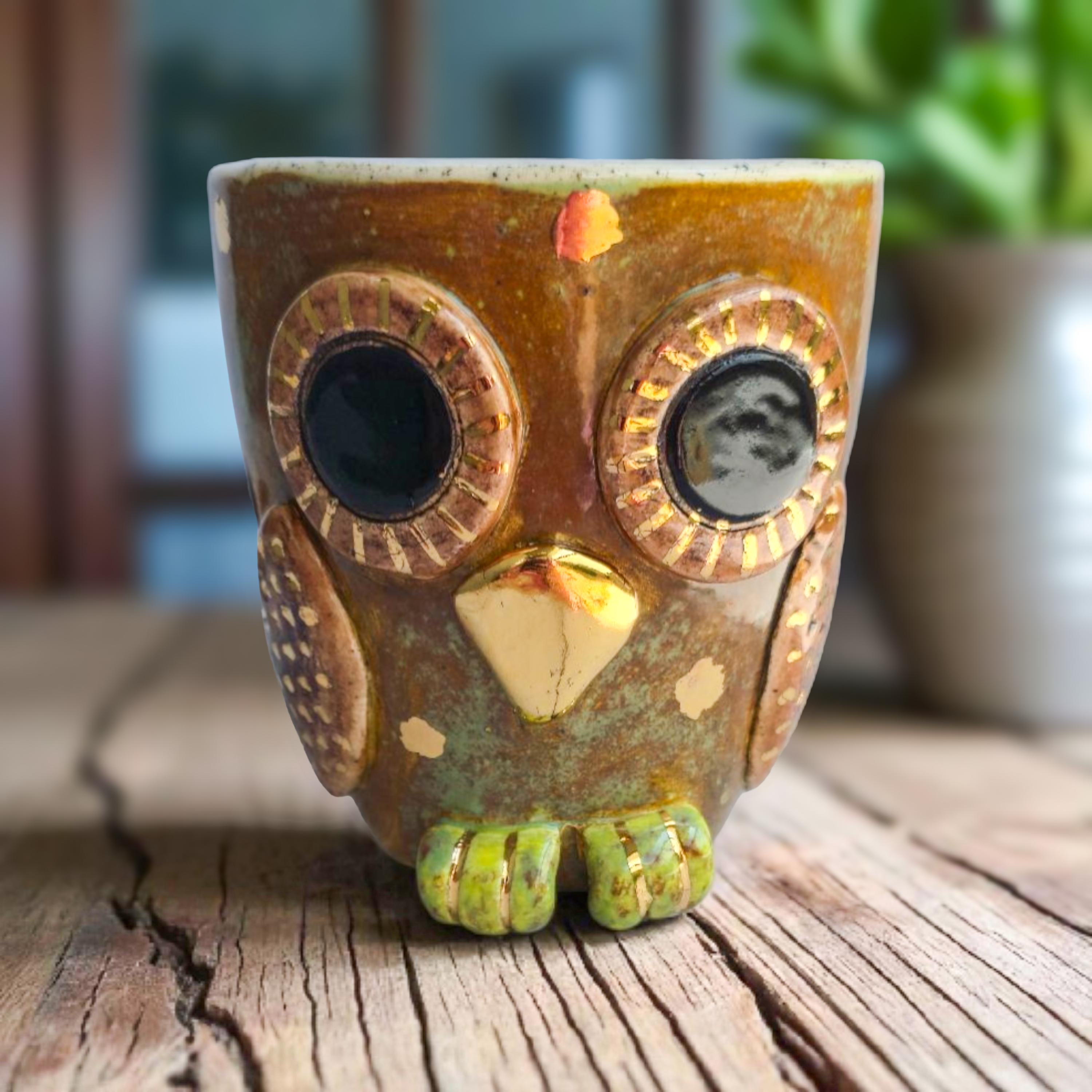 手作りの金箔フクロウマグカップ – セラミックコーヒーカップ、森の 