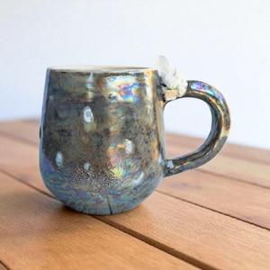 Crystal Handle Mug – Handmade Ceramic Cup with Iridescent Luster Glaze – Unique Coffee Gift – Shimmering Tea Mug