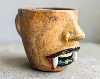 Vampire Face Mug | Hand Sculpted Gothic Ceramic Mug with 24K Gold Piercing