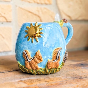 Squirrel Mug with Pinecone Handle | Handmade Ceramic with Quartz Crystal