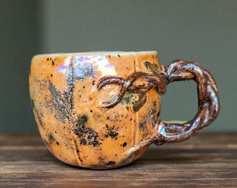 Handmade Ceramic Pumpkin Mug – Rainbow Luster, Twig Handle