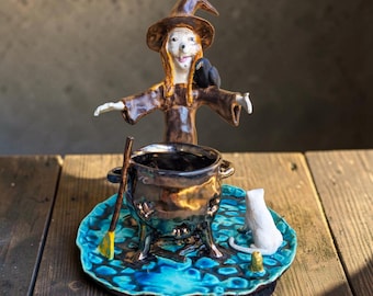 Hand-Sculpted Ceramic Witch Cauldron Incense Burner with Gold Leaf Accents | Gothic Altar Decor
