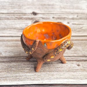 Handmade Orange Ceramic Planter – Snake Design, Gold Detail, Food Safe