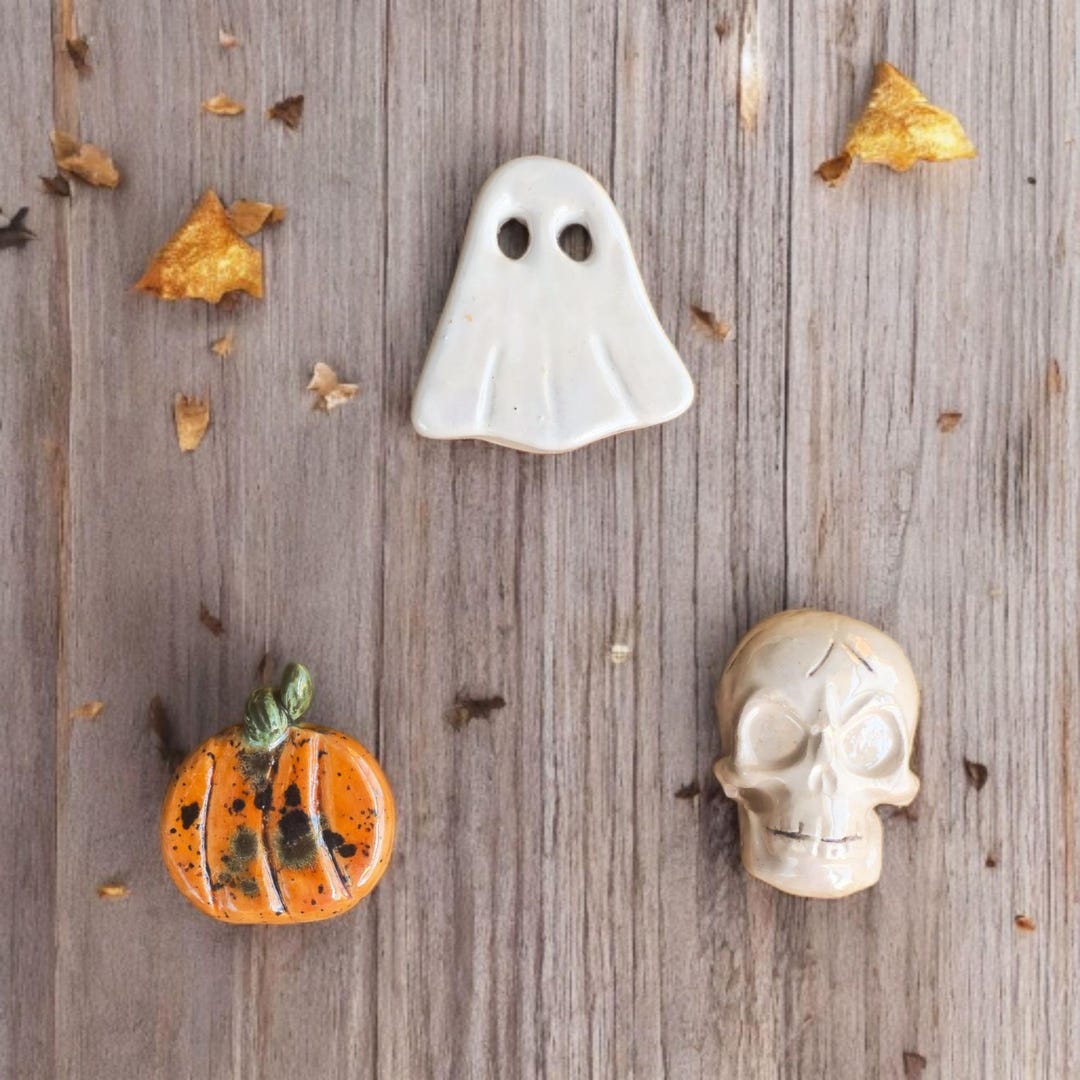 Halloween Ceramic Magnet Set – Ghost, Pumpkin & Skull – Spooky Handmade ...